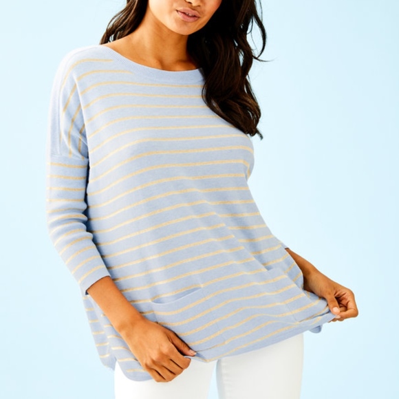 Lilly Pulitzer Cobo Knit Oversized Sweater Pockets Blue Stripe Crop Sleeve XS 2 - Picture 1 of 3